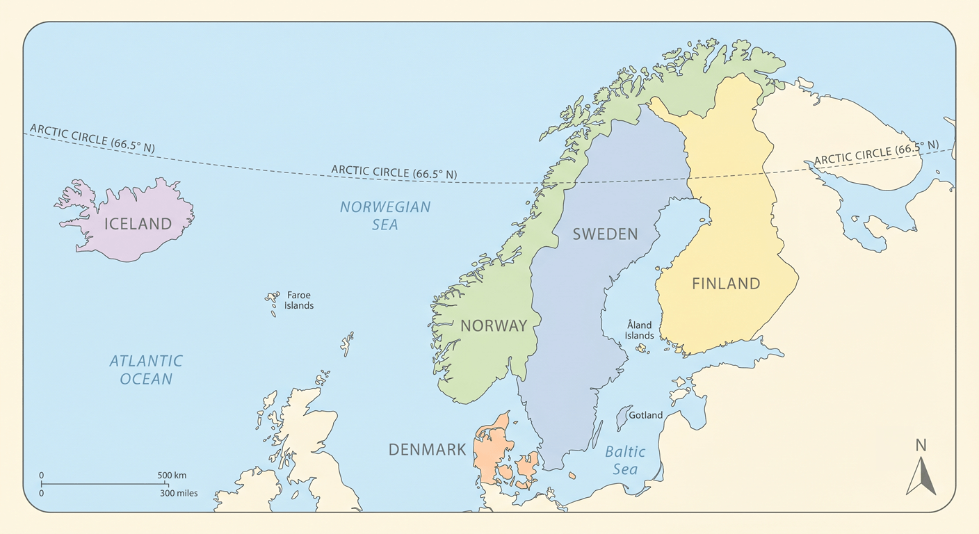 Karta som visar länderna i Norden: Sverige, Norge, Finland, Danmark och Island.