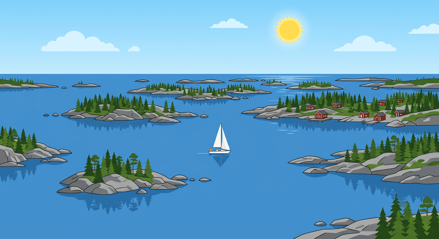 Vacker vy över en typisk svensk skärgård med öar och båtar.