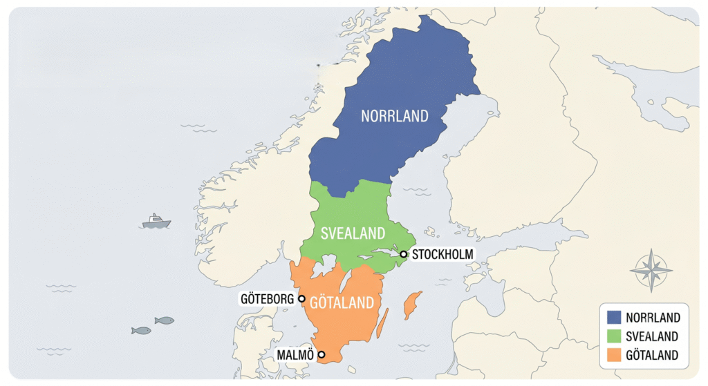 Karta som visar Sveriges tre landsdelar: Götaland, Svealand och Norrland.