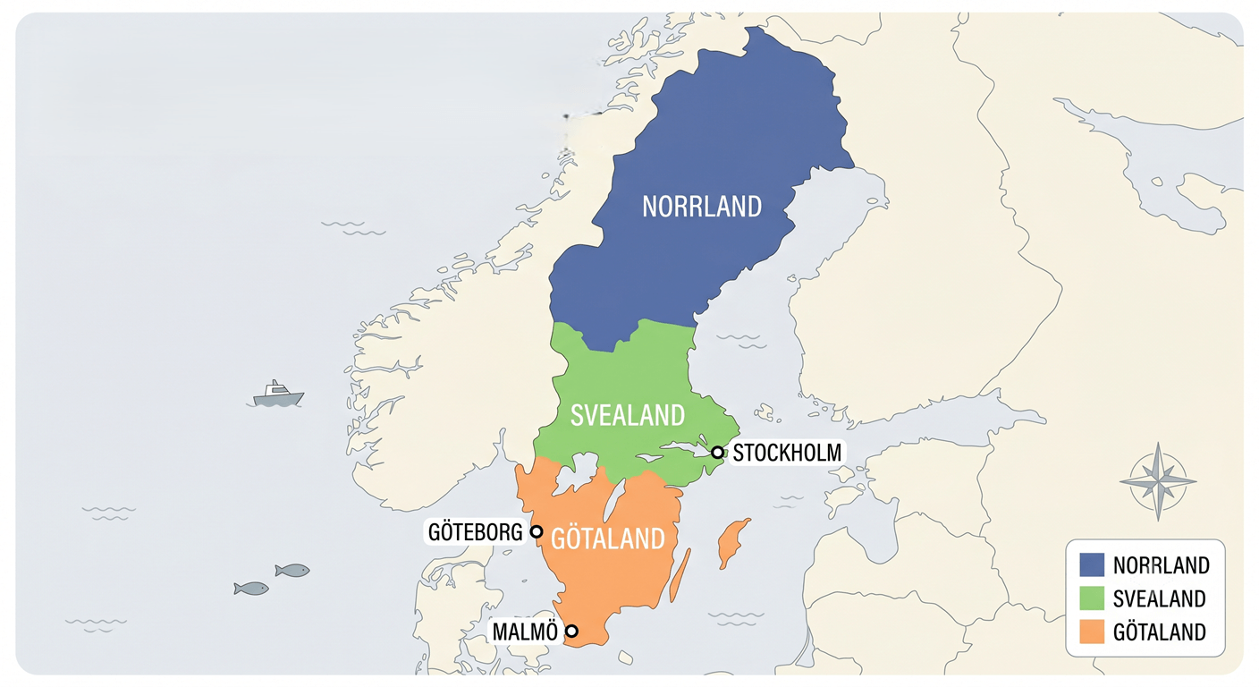 Karta som visar Sveriges tre landsdelar: Götaland, Svealand och Norrland.