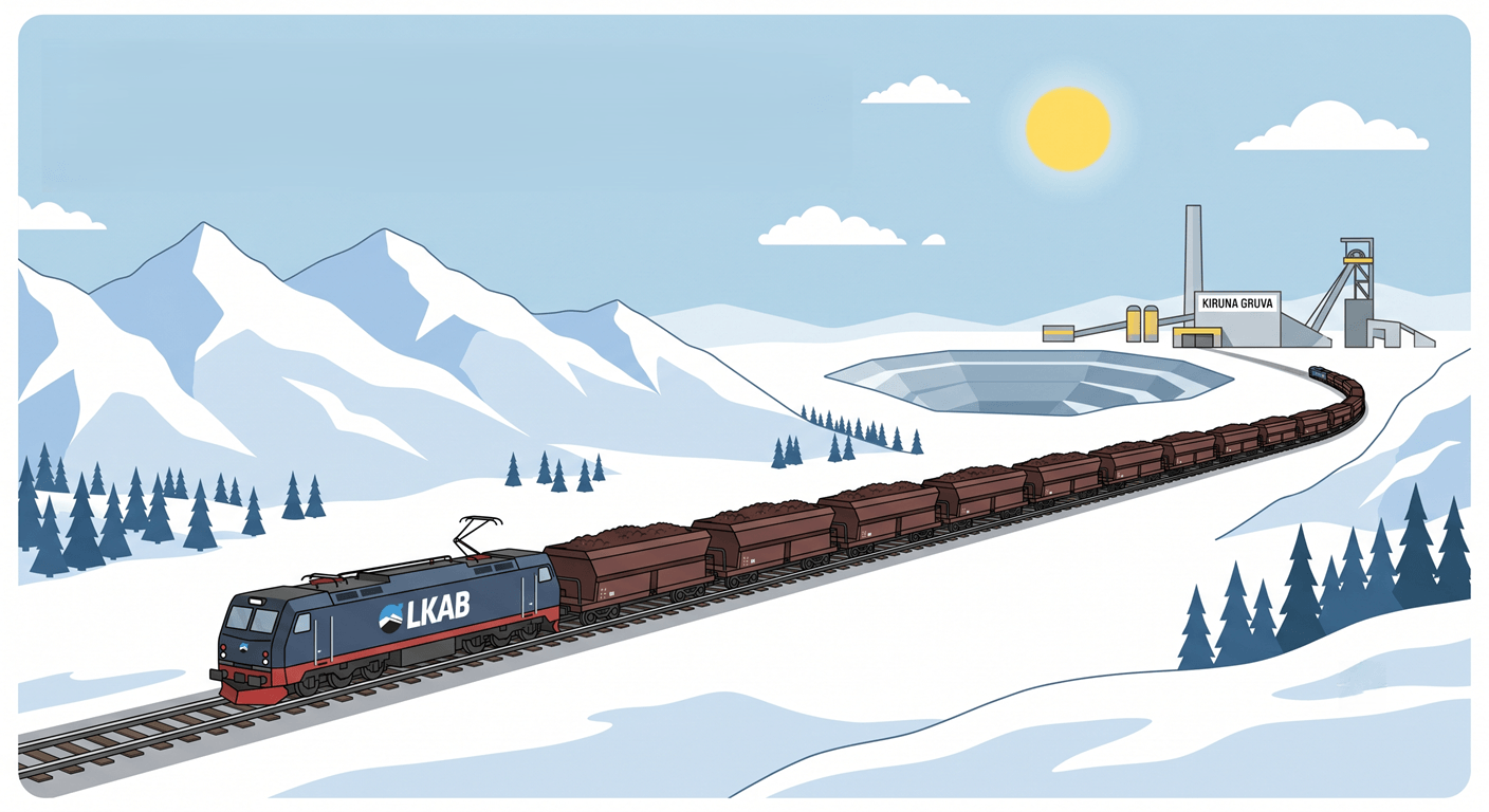 Tåg som transporterar järnmalm från LKAB:s gruvor i ett snöigt landskap.