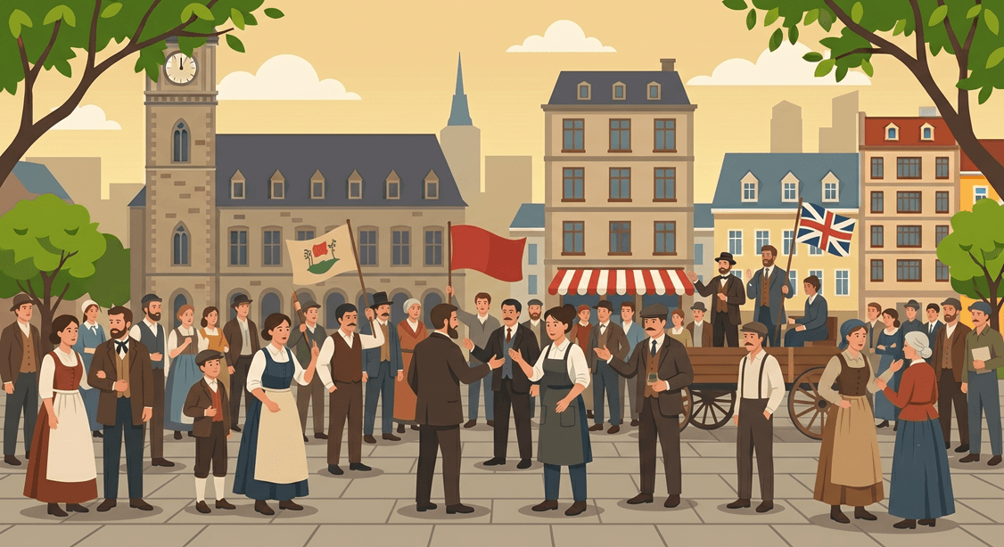 En historisk demonstration med skyltar för allmän rösträtt.