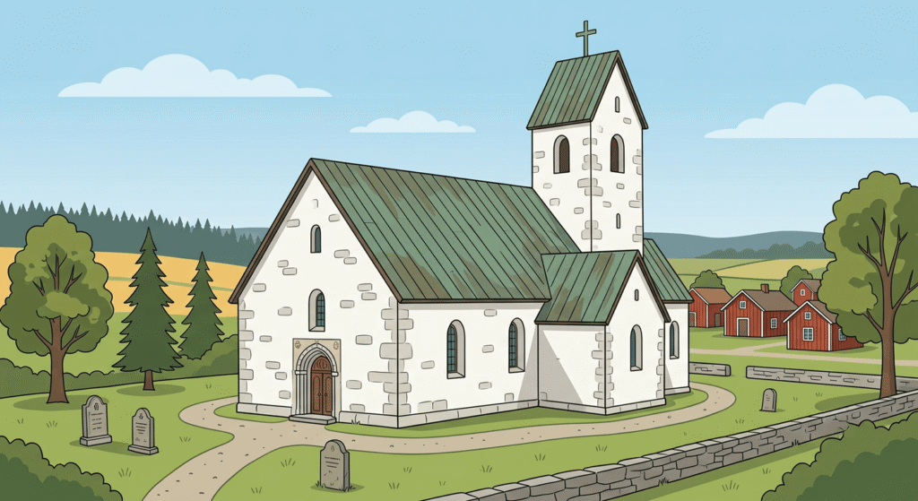 kyrka med omgivande kyrkogård.