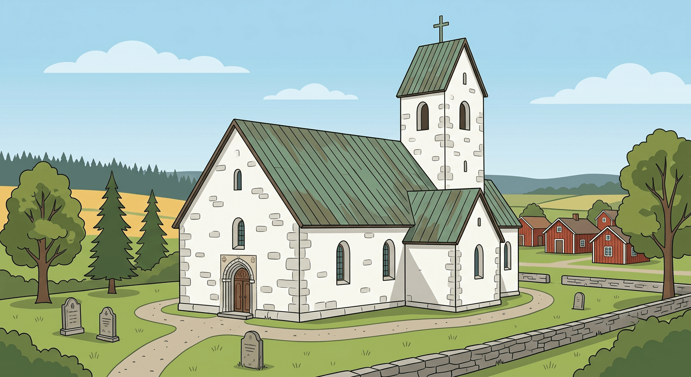 kyrka med omgivande kyrkogård.
