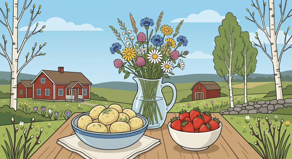 En tallrik med typisk midsommarmat: sill, färskpotatis och jordgubbar.