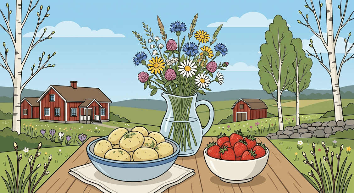 En tallrik med typisk midsommarmat: sill, färskpotatis och jordgubbar.