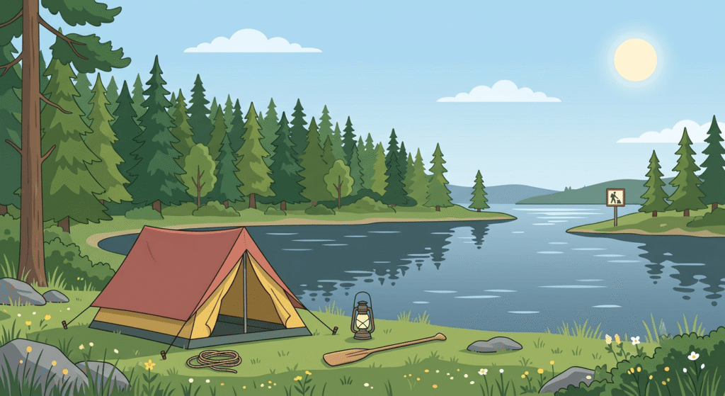 Ett tält uppsatt i vacker svensk natur för att illustrera allemansrätten.