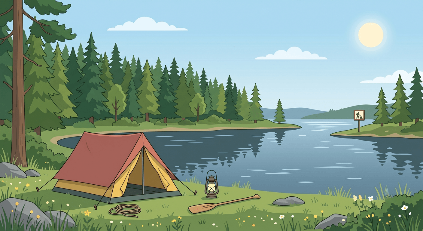 Ett tält uppsatt i vacker svensk natur för att illustrera allemansrätten.