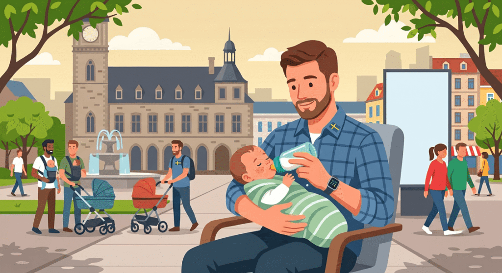 En pappa som ger nappflaska till sitt spädbarn, en symbol för jämställt föräldraskap.
