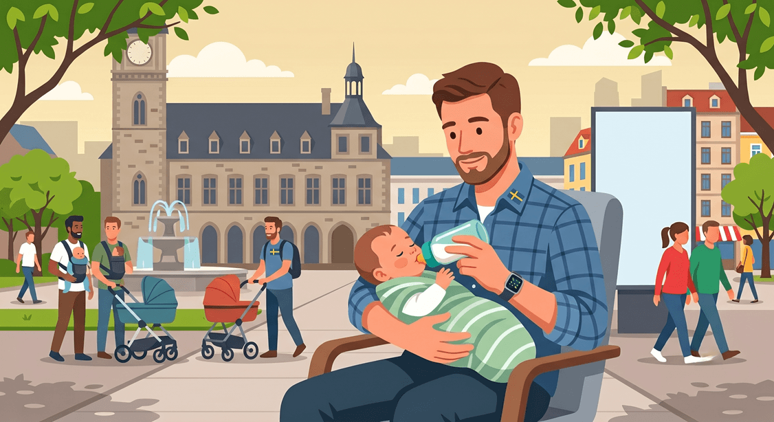 En pappa som ger nappflaska till sitt spädbarn, en symbol för jämställt föräldraskap.